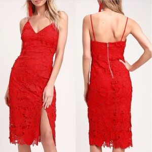 Lulus S Red Crochet Lace Spaghetti Strap Steal Your Heart Bodycon Midi Dress NWT